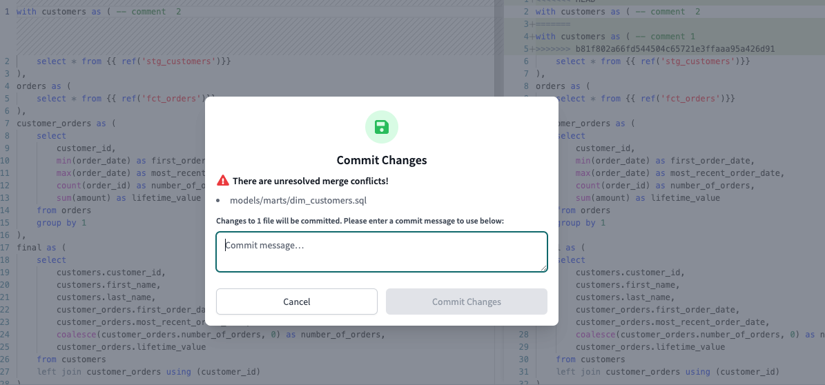 Pop up box when you commit without resolving the conflict